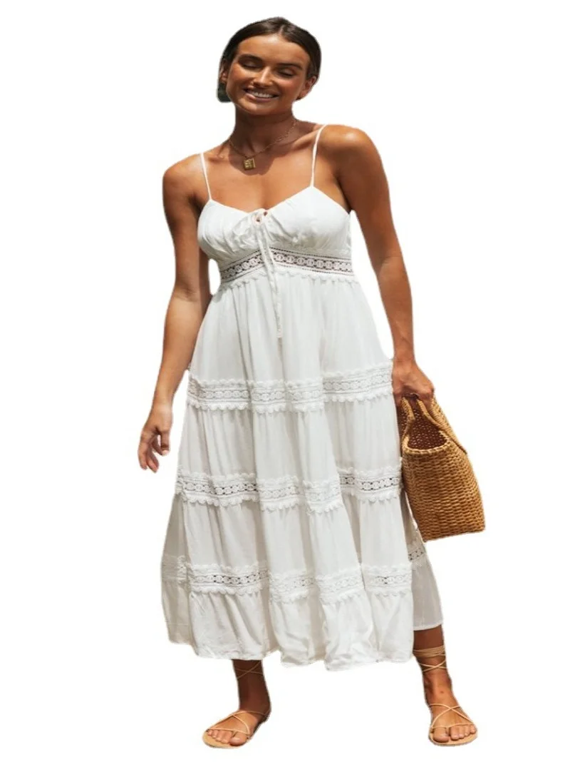 YUNIQEE White Self Design Shoulder Strap Fit & Flare Midi Dress