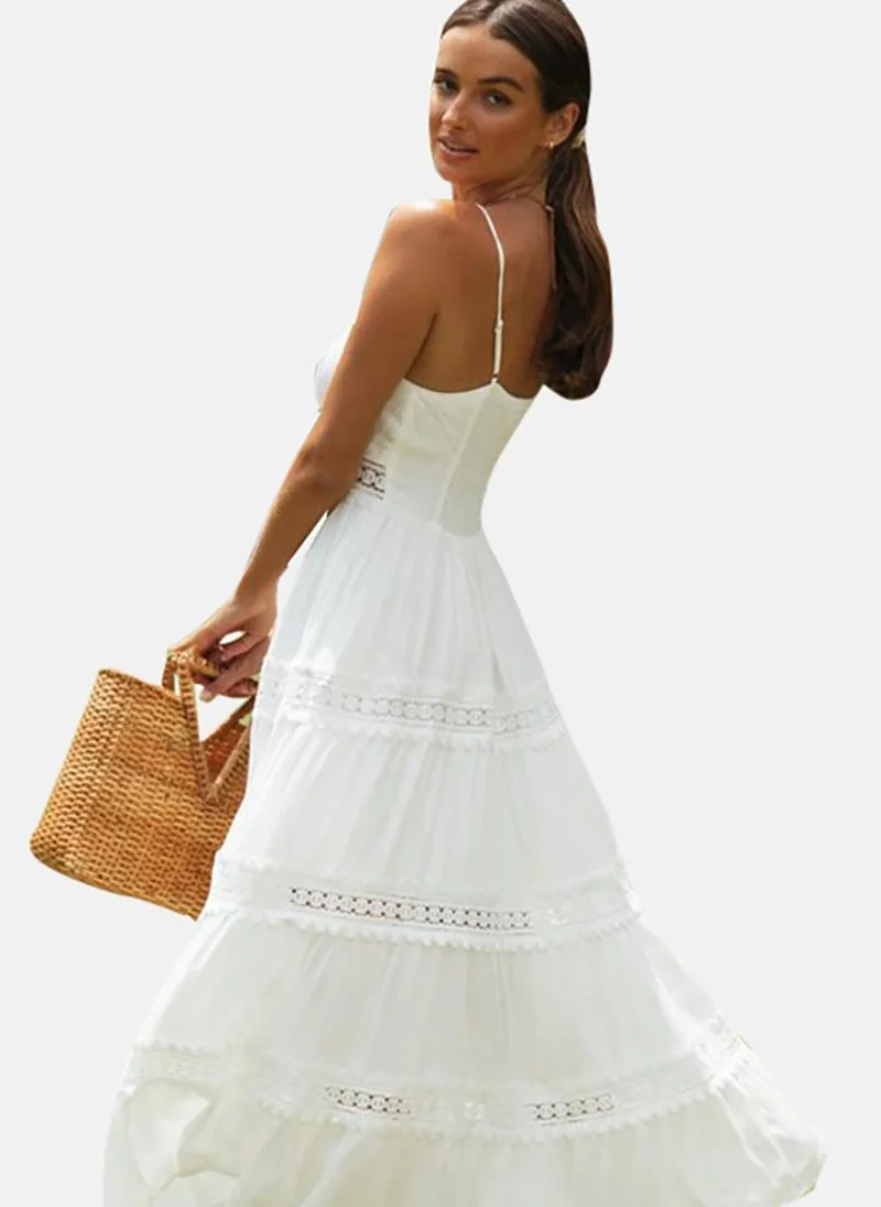 YUNIQEE White Self Design Shoulder Strap Fit & Flare Midi Dress