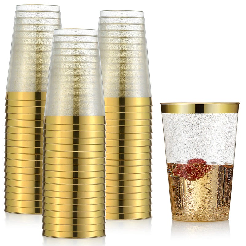 100 Gold Plastic Cups 12 oz Gold Glitter with a Gold Rim  Premium Disposable Party Cups  Elegant and Classy Sturdy Cups  Weddings Birthdays Anniversaries and Other Social Events