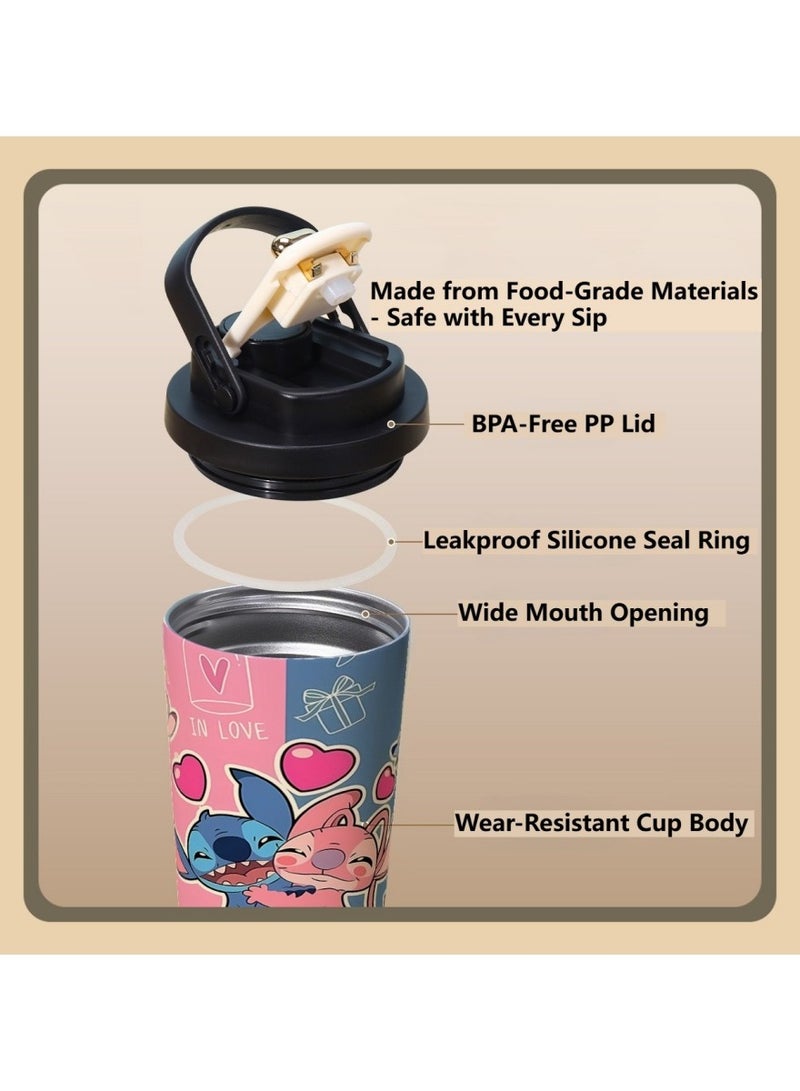 ديزني كوب سفر ديزني ستيتش وآنجل ٥٠٠ مل خفيف الوزن - ستانلس ستيل ٣١٦ مقاوم للانقلاب هدية للمراهقين - Image 5