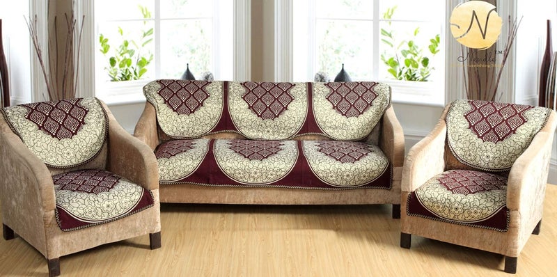 Nendle Luxurious Cotton Abstract Design 5 Seater Sofa Cover Set- 6 Pieces (Brown) - Image 5