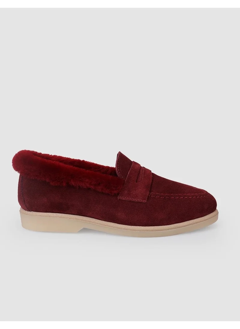 كاباني Leather Burgundy Suede Fur Women's Loafer