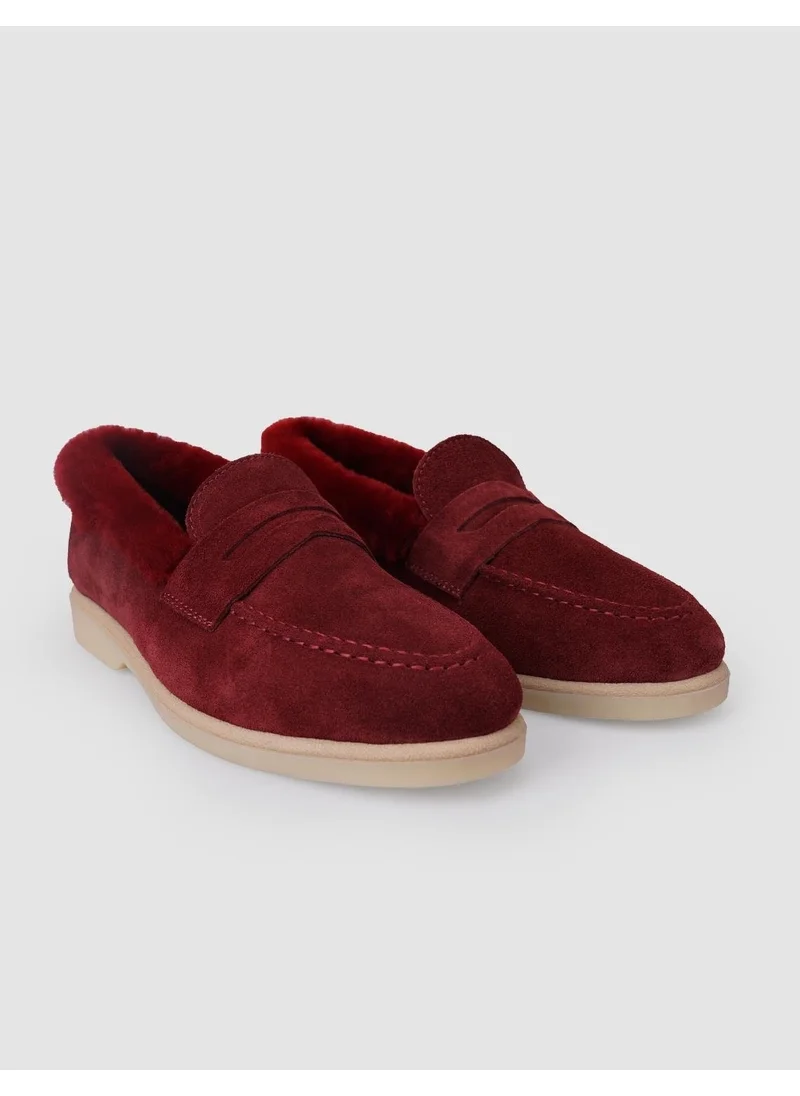 كاباني Leather Burgundy Suede Fur Women's Loafer