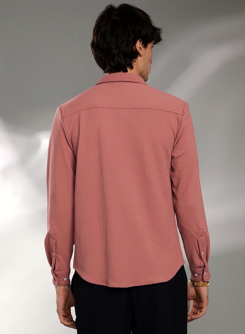 Campus Sutra Campus Sutra Men's Salmon Pink Stripe-Creased Shirt For Casual Wear | Spread Collar | Long Sleeve | Button Closure | Shirt Crafted With Comfort Fit For Everyday Wear  - Image 5