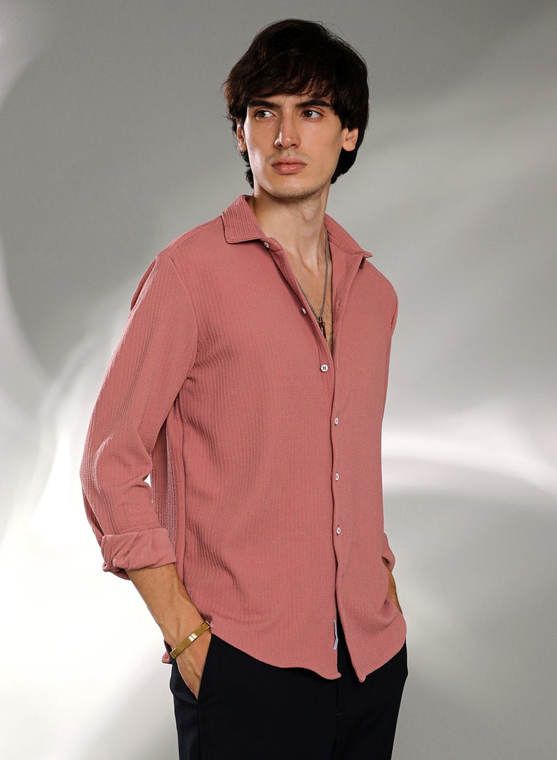 Campus Sutra Campus Sutra Men's Salmon Pink Stripe-Creased Shirt For Casual Wear | Spread Collar | Long Sleeve | Button Closure | Shirt Crafted With Comfort Fit For Everyday Wear  - Image 3