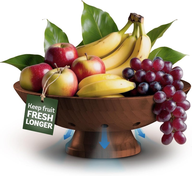 Bambüsi Bambsi Fruit Bowl  11 Large Brown Wooden Pedestal Bowl for Kitchen Counter  Dining Table Centerpiece Premium Bamboo Wood Fruit Basket  Banana Holder for Fresh Produce Bread  Home Decor - Image 1