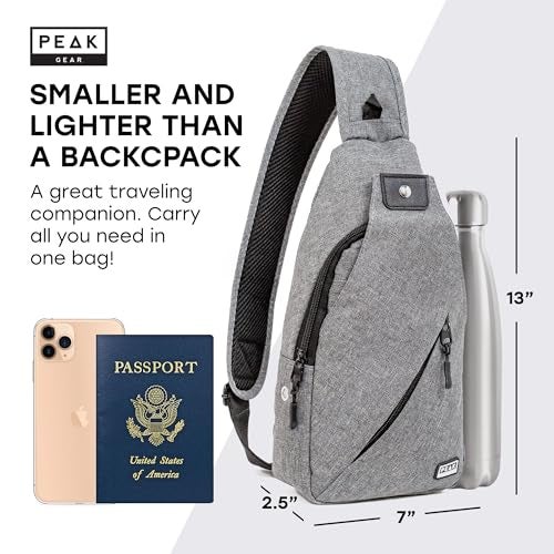 Peak Gear Travel Sling Bag. Compact Crossbody Bag | Lighter and Smaller than a Backpack | Lifetime Lost & Found ID Tag | Gray - Image 2