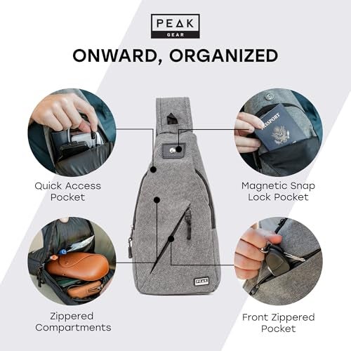 Peak Gear Travel Sling Bag. Compact Crossbody Bag | Lighter and Smaller than a Backpack | Lifetime Lost & Found ID Tag | Gray - Image 3