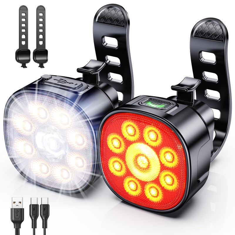 Cuvccn Bike Lights [8+7 Modes], USB Rechargeable Bike Lights Front and Back, Ultra Bright with Spotlight & Floodlight, IP65 Waterproof Bicycle Lights for Road Mountain Day/Night Cycling Safety - Image 1