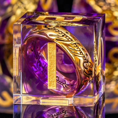 OUKELANWO Magic Lord Rings DND Dice Set with Box 7Pcs Resin LOTR DD Dice Set for Role Playing Game Purple Gold Dungeons Dragons D and D Sharp Edge Dice D20 D12 D10 D8 D6 D4 - Image 1