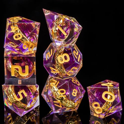 OUKELANWO Magic Lord Rings DND Dice Set with Box 7Pcs Resin LOTR DD Dice Set for Role Playing Game Purple Gold Dungeons Dragons D and D Sharp Edge Dice D20 D12 D10 D8 D6 D4 - Image 5