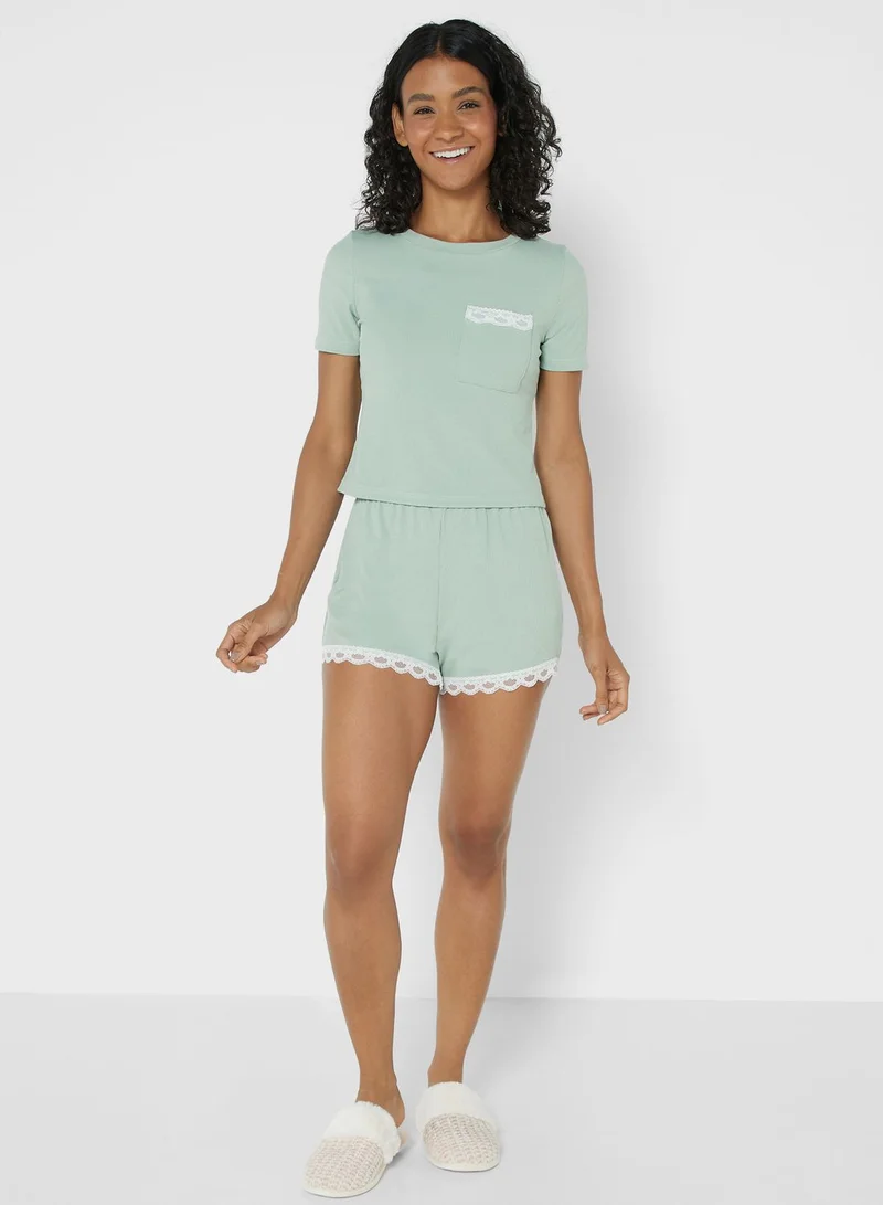 Ginger Ribbed Pyjama Short Set With Lace Trim