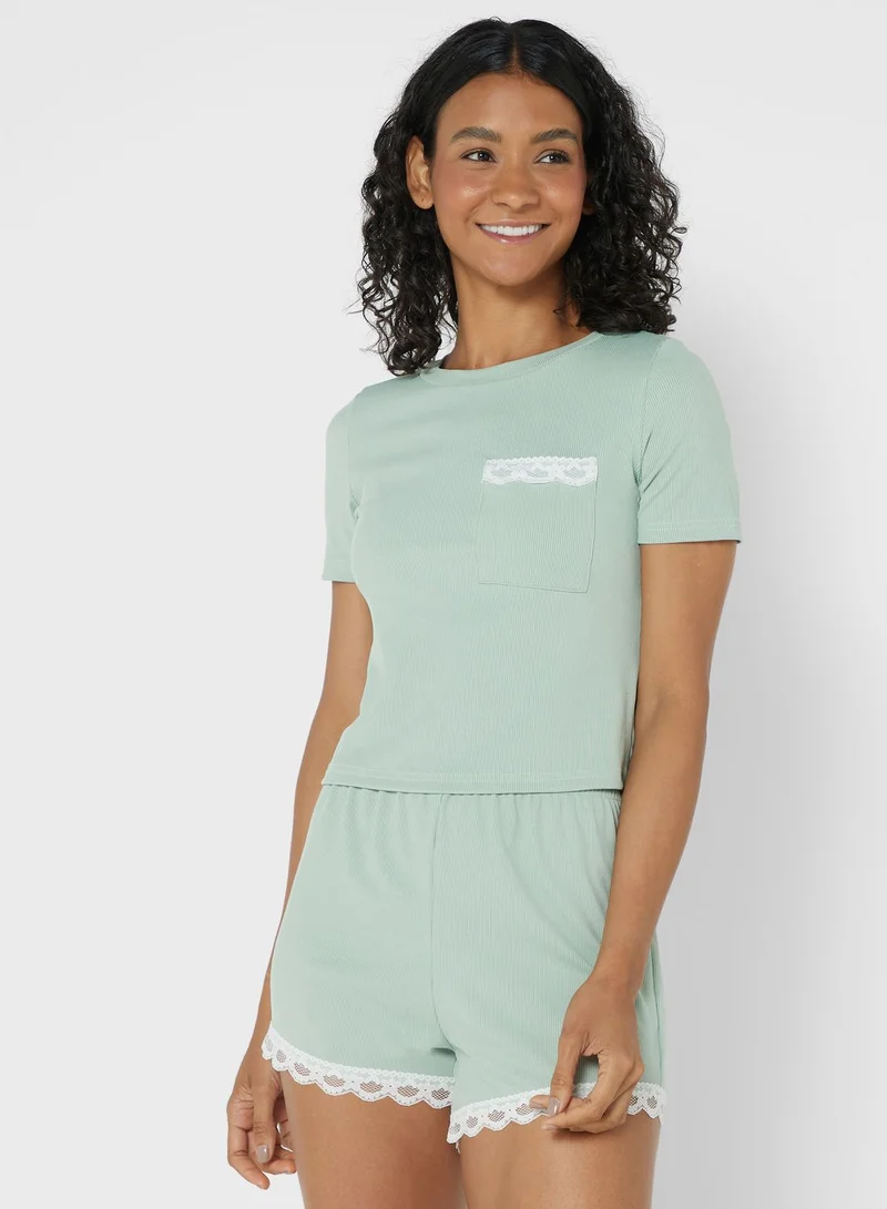 Ginger Ribbed Pyjama Short Set With Lace Trim
