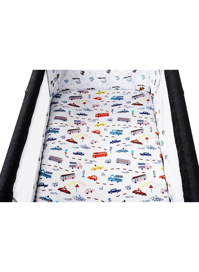 Tontukatu Tontukatu Pack n Play Sheet Stretchy Fitted Portable Mini Crib Sheets Set 3 Pack, Playard Sheets Convertible Playard Mattress Cover, Ultra Soft Jersey Material, Rocket Satellite, Car & Bus  - Image 4