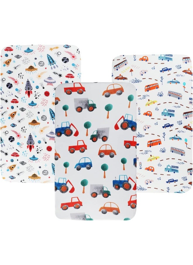 Tontukatu Tontukatu Pack n Play Sheet Stretchy Fitted Portable Mini Crib Sheets Set 3 Pack, Playard Sheets Convertible Playard Mattress Cover, Ultra Soft Jersey Material, Rocket Satellite, Car & Bus  - Image 1