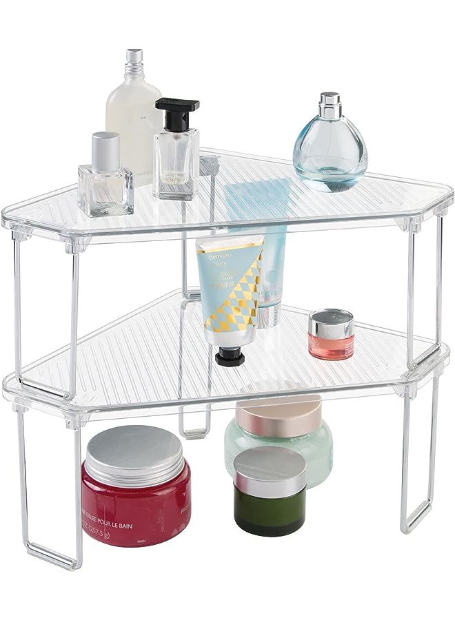 إم ديزاين رف قابل للتكديس من البلاستيك/الفولاذ، رف منظم للتخزين للحمام، طاولة الزينة، المنضدة، الحوض، الخزانة، يحمل المكياج، إكسسوارات الدش، مجموعة Ligne - عبوتان - شفاف - Image 1