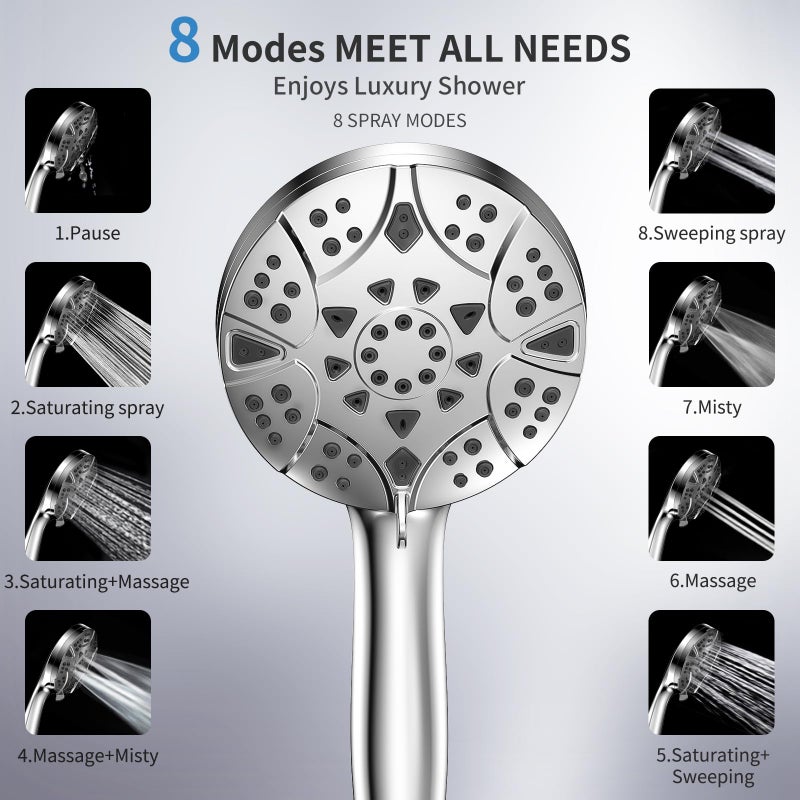 VKZK High Pressure 8-mode Handheld Shower Head with 5 ft Stainless Steel Hose and Adjustable Bracket, Built-in Power Wash to Clean Tub, Clean Corner,Tile & Pets - Image 2