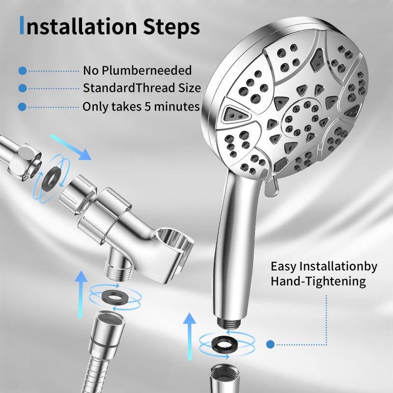 VKZK High Pressure 8-mode Handheld Shower Head with 5 ft Stainless Steel Hose and Adjustable Bracket, Built-in Power Wash to Clean Tub, Clean Corner,Tile & Pets - Image 3