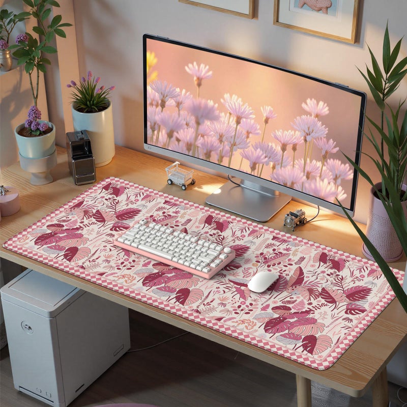 Anyshock Large Mouse Pad for Desktop, Cute Desk Mat Pad Protector for Work & Gaming, Aesthetic Pretty Anti-Slip Laptop Blotter Cover for Office School Home Supplies, Pink Leaves, 35.4" x 15.7" - Image 1