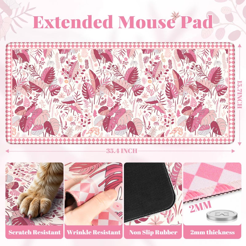 Anyshock Large Mouse Pad for Desktop, Cute Desk Mat Pad Protector for Work & Gaming, Aesthetic Pretty Anti-Slip Laptop Blotter Cover for Office School Home Supplies, Pink Leaves, 35.4" x 15.7" - Image 2