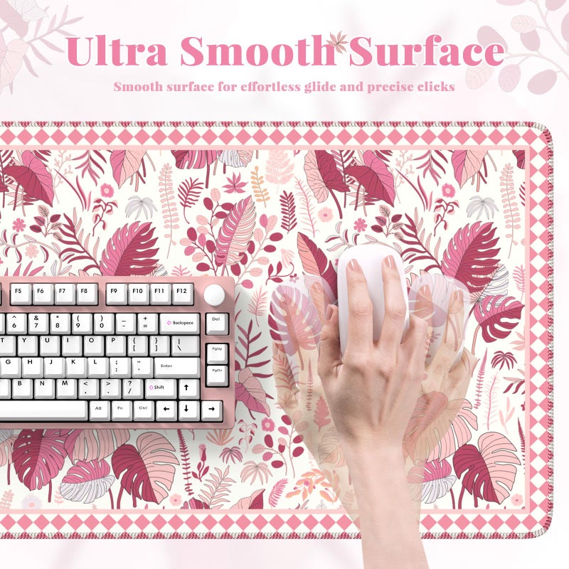 Anyshock Large Mouse Pad for Desktop, Cute Desk Mat Pad Protector for Work & Gaming, Aesthetic Pretty Anti-Slip Laptop Blotter Cover for Office School Home Supplies, Pink Leaves, 35.4" x 15.7" - Image 3