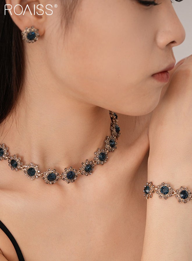 رويس مجموعة مجوهرات زرقاء داكنة مكونة من 4 قطع، قلادة فاخرة من أحجار الراين، أقراط وخواتم، إكسسوارات مجوهرات حفلات الزفاف، مناسبة كهدايا للنساء - Image 5