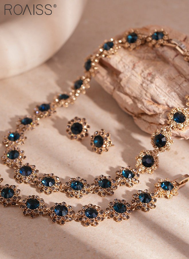 رويس مجموعة مجوهرات زرقاء داكنة مكونة من 4 قطع، قلادة فاخرة من أحجار الراين، أقراط وخواتم، إكسسوارات مجوهرات حفلات الزفاف، مناسبة كهدايا للنساء - Image 4