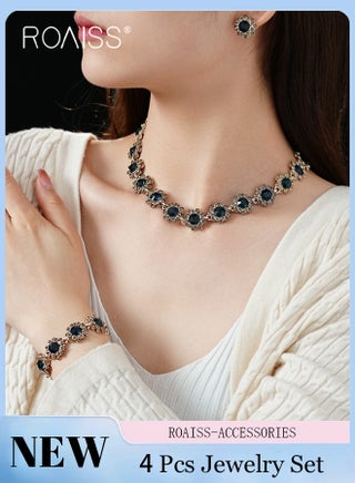 4 Pcs Dark Blue Jewelry Set, Light Luxury Rhinestone Necklace, Earrings and Rings, Party Wedding Jewelry Accessories, Suitable for Women Gifts