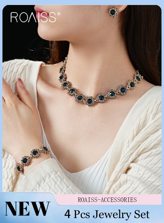 رويس مجموعة مجوهرات زرقاء داكنة مكونة من 4 قطع، قلادة فاخرة من أحجار الراين، أقراط وخواتم، إكسسوارات مجوهرات حفلات الزفاف، مناسبة كهدايا للنساء - Image 1