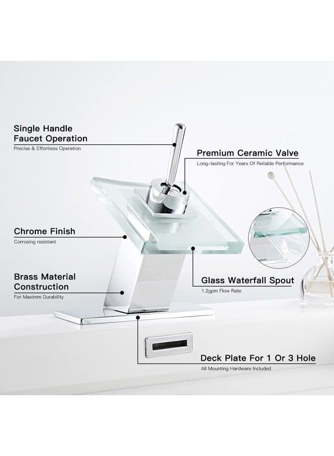 Chiczam Bathroom Sink Faucet Waterfall Glass Spout Single Handle Chrome Bathroom Faucet One Hole Modern Lavatory Vanity Basin Sink Mixer Tap with Hole Cover Plate Deck Mount - Image 3