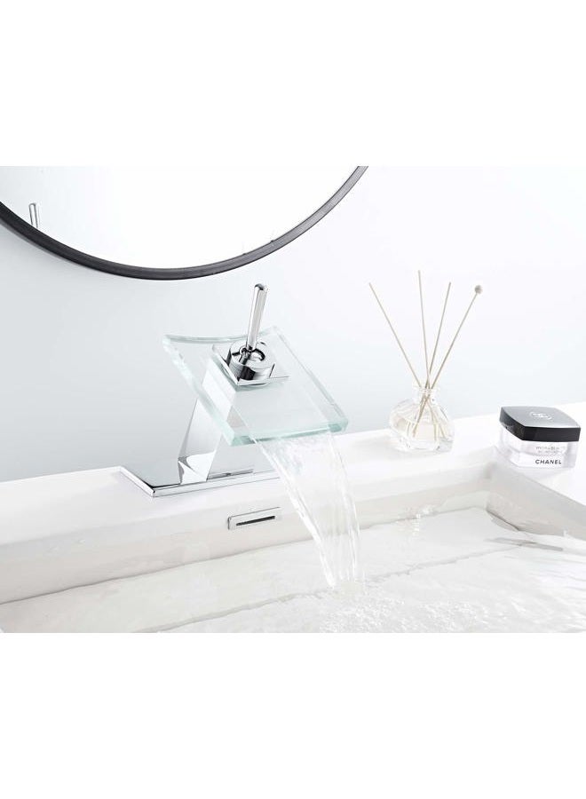 Chiczam Bathroom Sink Faucet Waterfall Glass Spout Single Handle Chrome Bathroom Faucet One Hole Modern Lavatory Vanity Basin Sink Mixer Tap with Hole Cover Plate Deck Mount - Image 5
