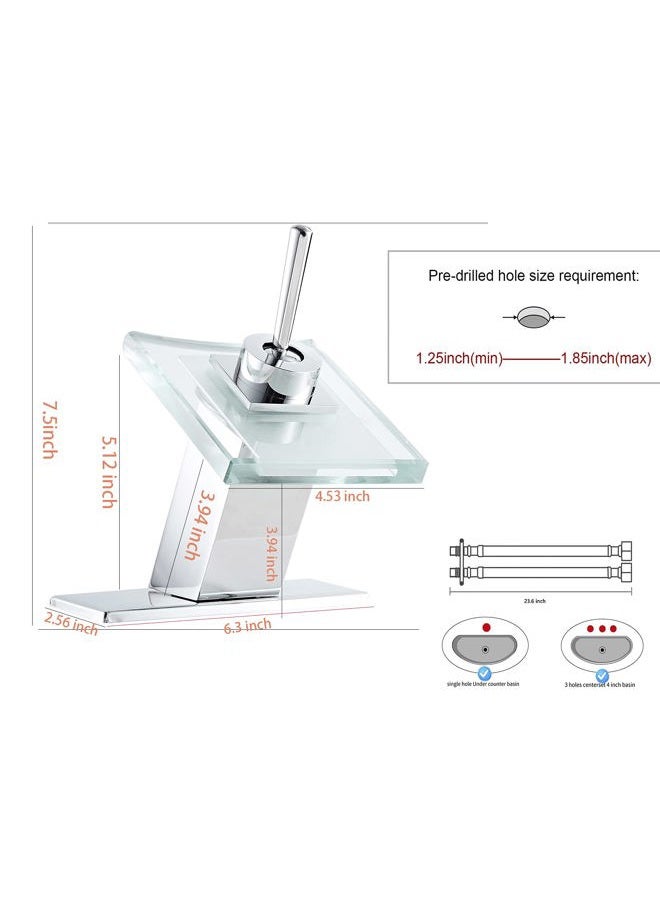 Chiczam Bathroom Sink Faucet Waterfall Glass Spout Single Handle Chrome Bathroom Faucet One Hole Modern Lavatory Vanity Basin Sink Mixer Tap with Hole Cover Plate Deck Mount - Image 2