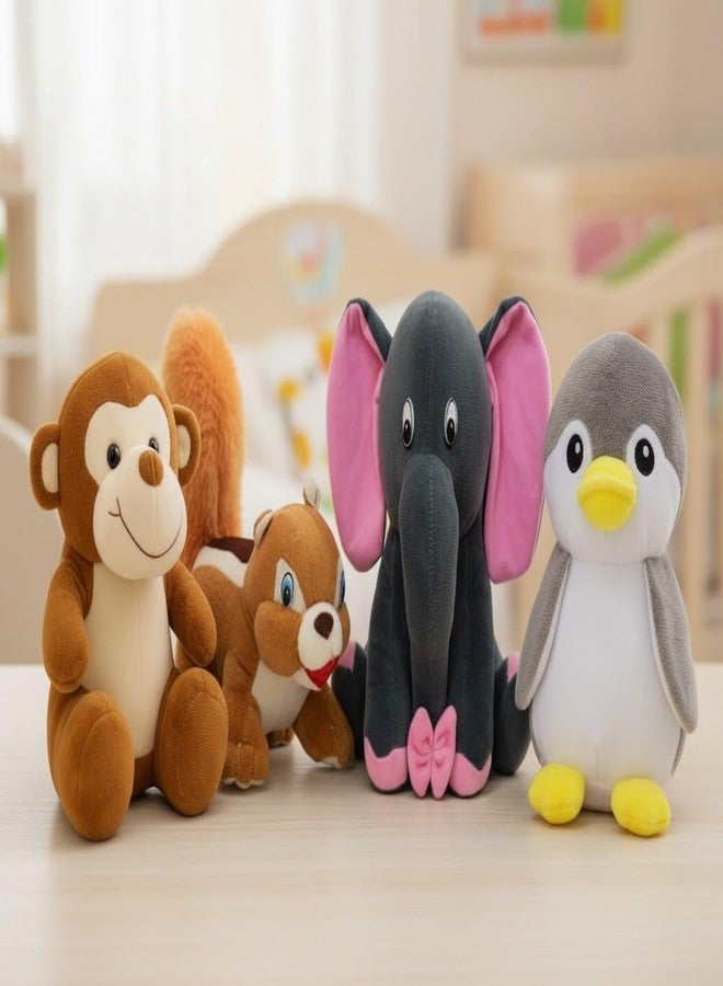 Future Shop Pack of 4 Elegant Soft Toys Combo Plush Stuffed Animals (Monkey, Squirel, Grey Appu, Grey Penguin)