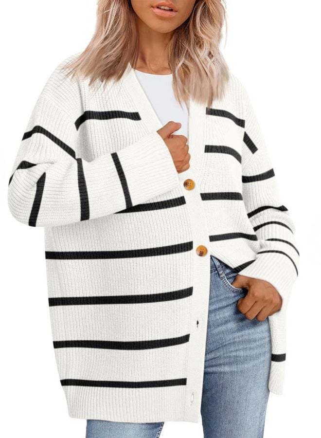 LILLUSORY Women Oversized Cardigan Sweater 2025 Fall Outfits Cloth Fashion V Neck Knit Button Front Casual Trendy Tops, S White, S - Image 1