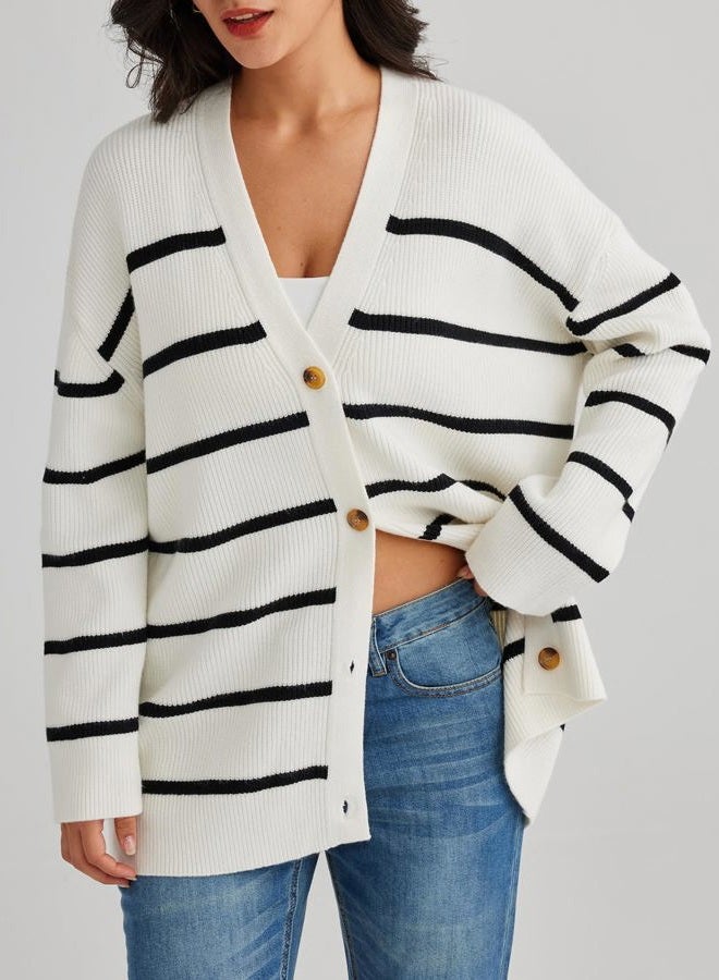 LILLUSORY Women Oversized Cardigan Sweater 2025 Fall Outfits Cloth Fashion V Neck Knit Button Front Casual Trendy Tops, S White, S - Image 3