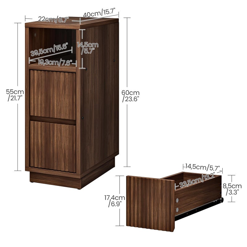CHOEZON 8.7" Narrow Fluted Nightstand, Small Bedside Table with Drawers, Skinny Side Table, Modern Nightstand with 1 Semi-Open Shelf, Floating End Table, for Living Room, Bedroom, Walnut MBZ12HT - Image 2