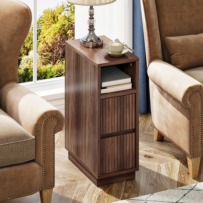 CHOEZON 8.7" Narrow Fluted Nightstand, Small Bedside Table with Drawers, Skinny Side Table, Modern Nightstand with 1 Semi-Open Shelf, Floating End Table, for Living Room, Bedroom, Walnut MBZ12HT - Image 1