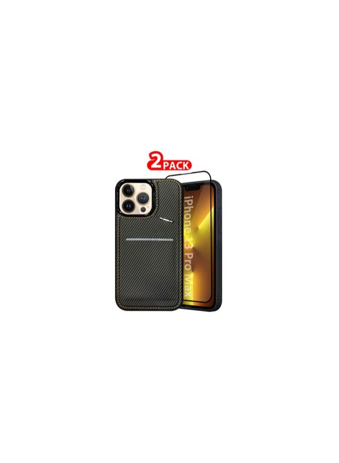 CATANES iPhone 13 Pro Max 2Pack Case Leather Cover Card Holder and Kickstand with 1 Screen Protector Tempered Glass for Men Women Phone Case with Carbon Fiber Pattern  - Image 2