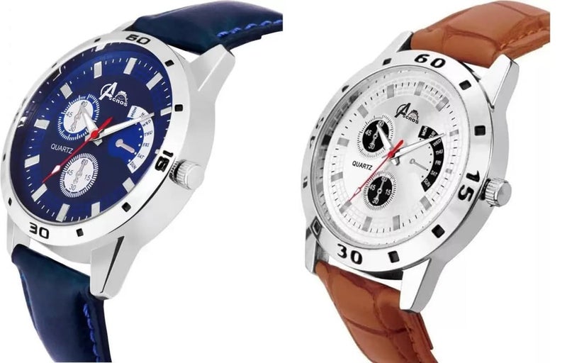 Acnos Premium Leather Analog Watch for Men Combo Pack of 2 Arrival Blue Brown - Image 2