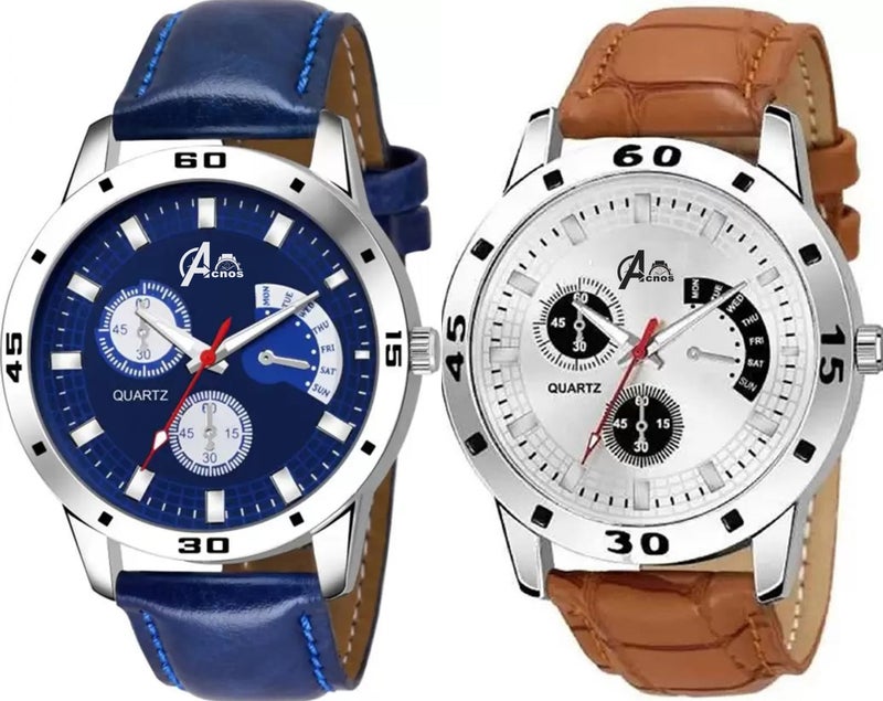 Acnos Premium Leather Analog Watch for Men Combo Pack of 2 Arrival Blue Brown - Image 5