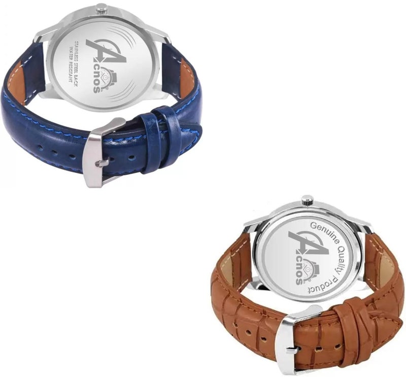 Acnos Premium Leather Analog Watch for Men Combo Pack of 2 Arrival Blue Brown - Image 4