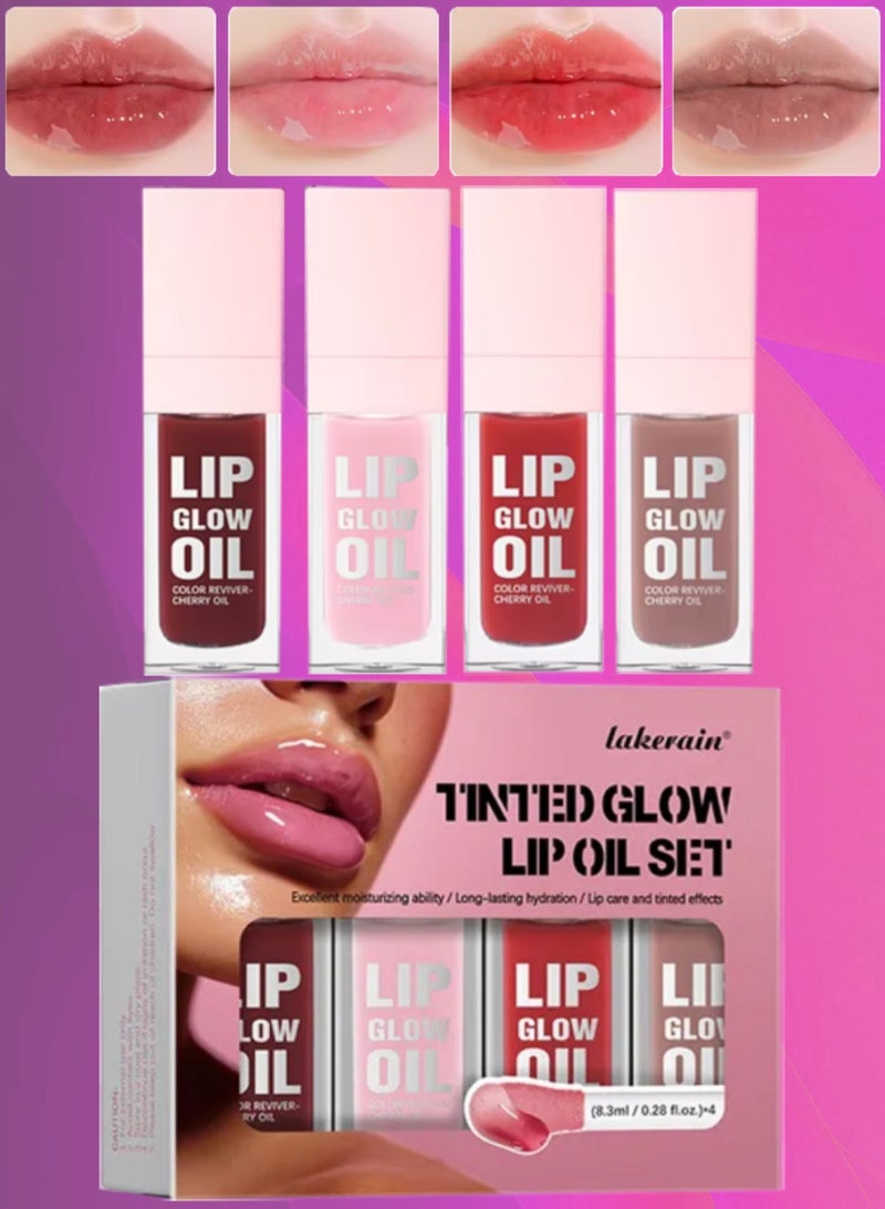 lakerain 4Pcs Tinted Glow Lip Oil Set Moisturizing Hydrating Nourishing Lip Makeup Glow Lip Oil Set Moist Plump Lips and Lightens Lip Color Fade Lip Lines Lip Tint Four Flavors Gloss 4 x 8.3 - Image 1