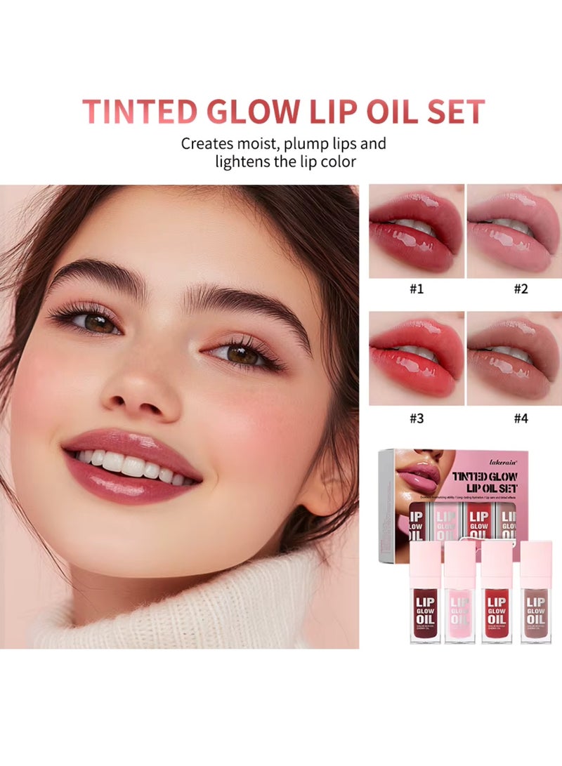 lakerain 4Pcs Tinted Glow Lip Oil Set Moisturizing Hydrating Nourishing Lip Makeup Glow Lip Oil Set Moist Plump Lips and Lightens Lip Color Fade Lip Lines Lip Tint Four Flavors Gloss 4 x 8.3 - Image 4