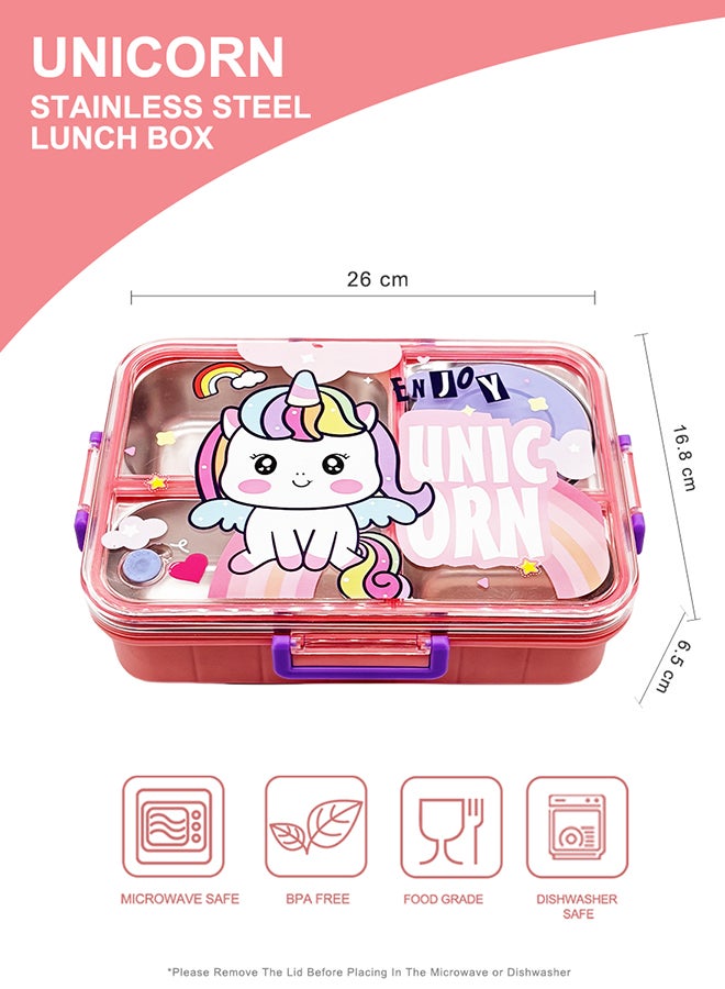 Noon East Stainless Steel Bento Lunch Box, 3 Compartments, Leak Resistance, Durable, BPA Free, Eco Friendly, Dishwasher Safe, Ideal For School - Pink Unicorn Pattern  - Image 2