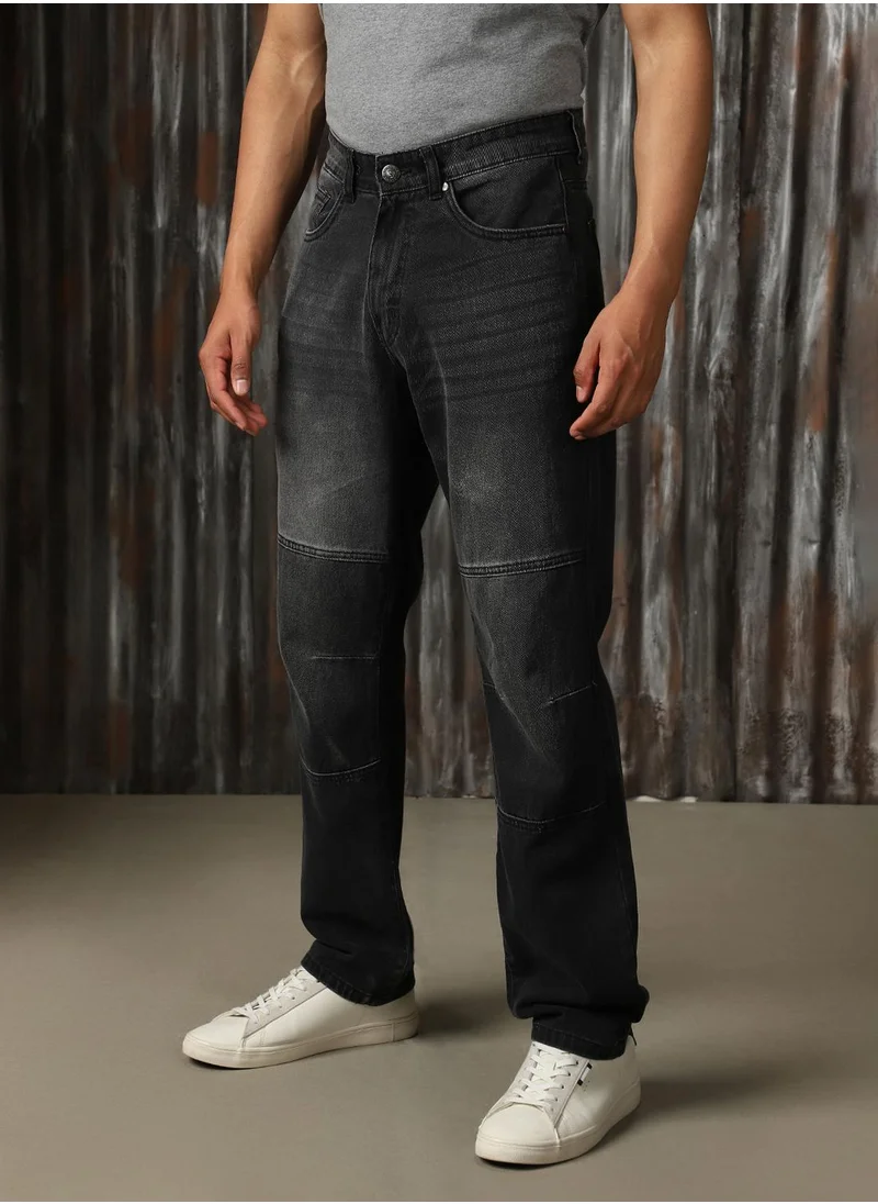 HIGH STAR Men's Black 100% Cotton Distressed Full Length Relaxed Fit Jeans