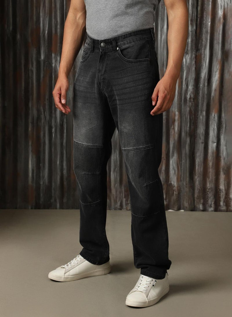 HIGH STAR Men's Black 100% Cotton Distressed Full Length Relaxed Fit Jeans  - Image 2