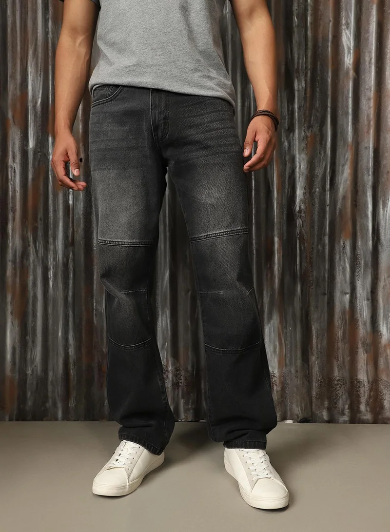 HIGH STAR Men's Black 100% Cotton Distressed Full Length Relaxed Fit Jeans