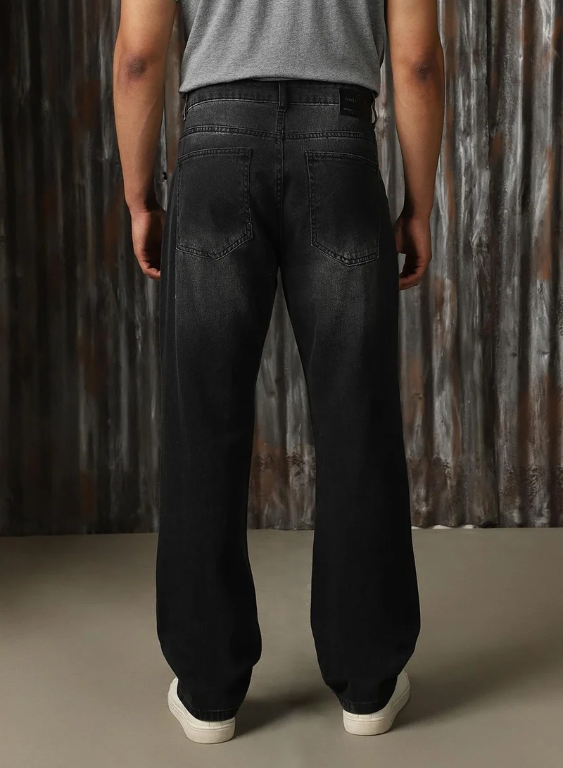 HIGH STAR Men's Black 100% Cotton Distressed Full Length Relaxed Fit Jeans