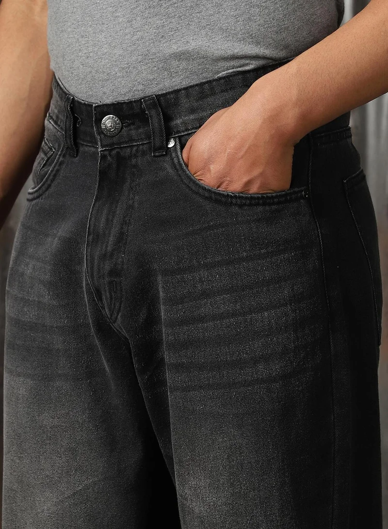 HIGH STAR Men's Black 100% Cotton Distressed Full Length Relaxed Fit Jeans