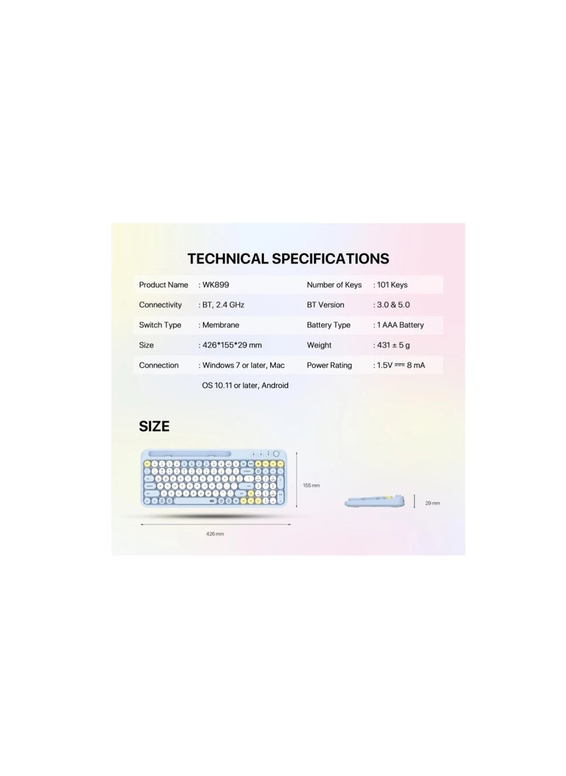 Fantech WK899 Go Mochi Wireless 2 in 1 wireless and Bluetooth Mouse and Keyboard Combo with phone Holder in The Keyboard for Best Usage Compatible with windows 7,10,11 and mac os 10 or later and android - Blue